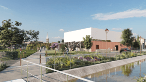 Rendu 3D d’un bâtiment moderne au bord d’un bassin avec passerelle