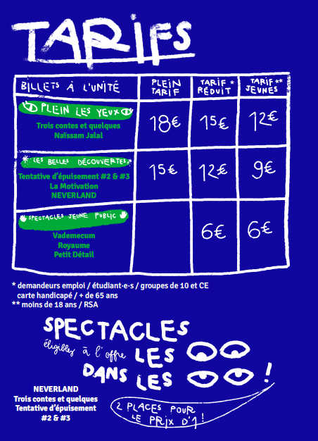 Tarifs des spectacles Angonia : plein 18€, réduit 15€, jeunes 12€